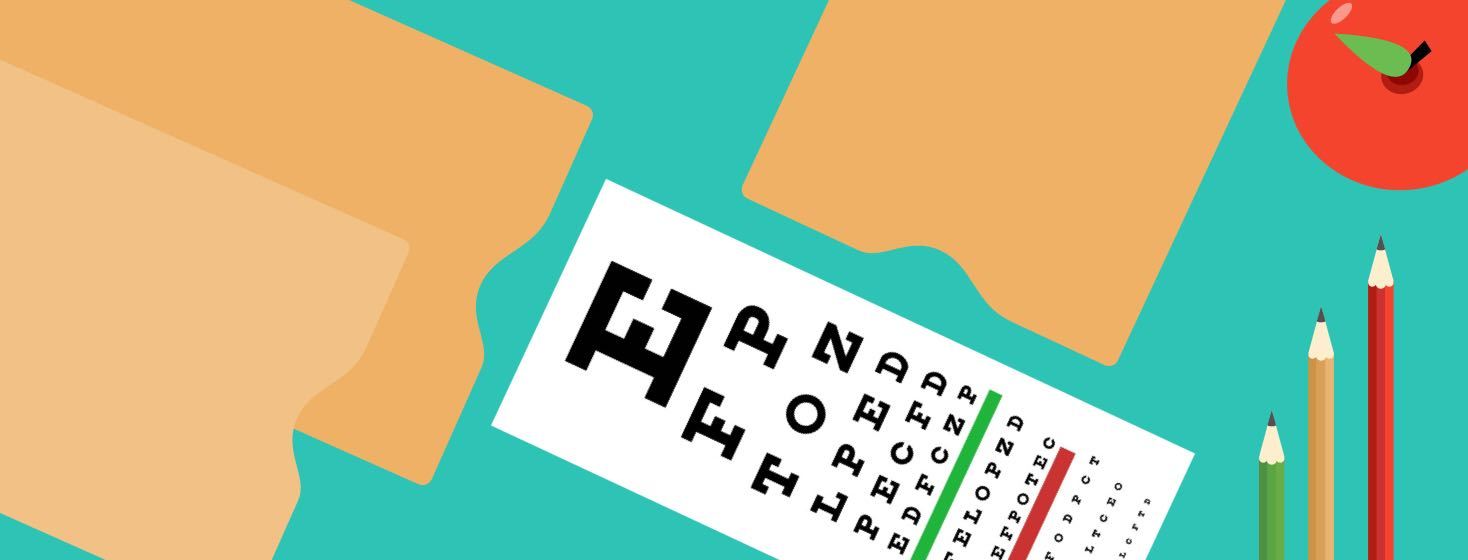 Desktop with report card envelopes and an eye chart falling out of one.