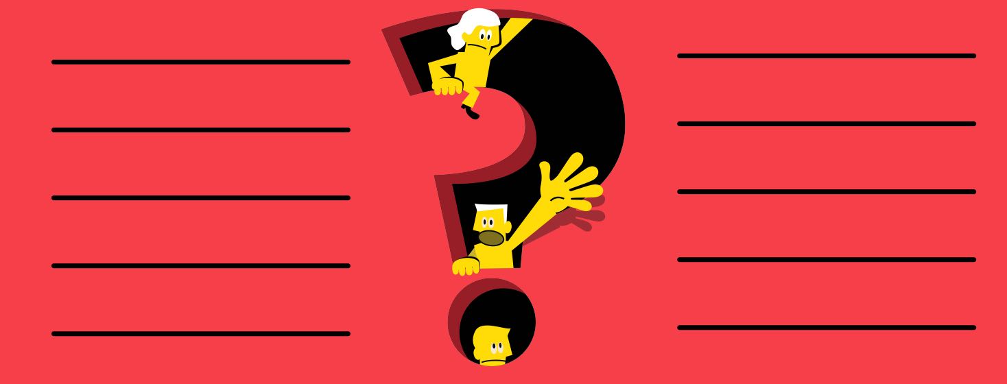 Figures hanging out of a question mark hole in the wall.