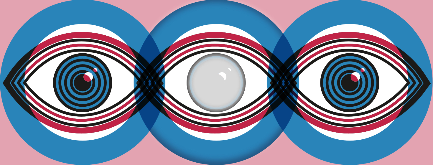 An abstract image of three eys and one is a glassed over blurry white in the center.