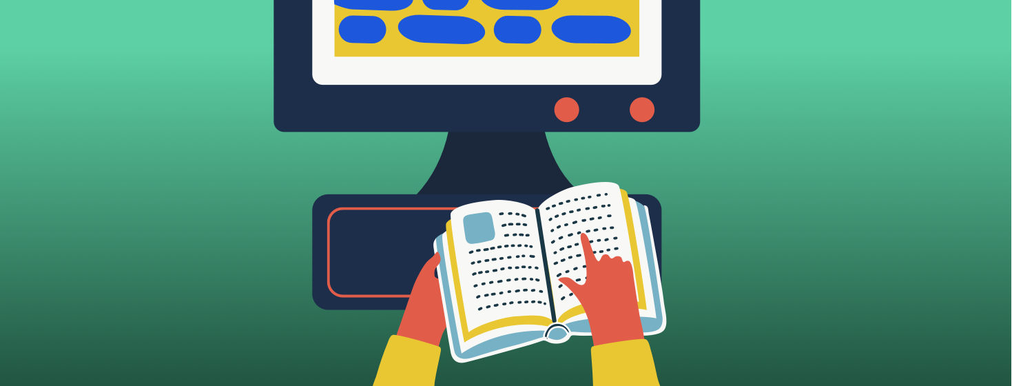 A person's hands holding a book under a CCTV Digital Magnifier. The screen is lit up in large contrasting colors.