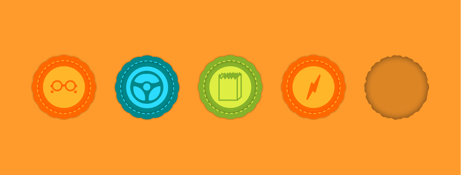 Achievement badges showing glasses, steering wheel, grocery bag and an unknown empty space.