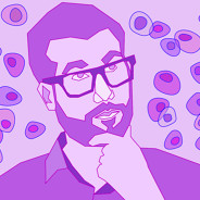 A man pondering something while scratching his beard and looking at cells floating by.
