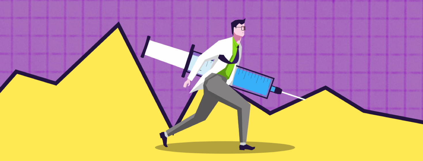 A doctor walking with purpose, in front of a graph grid carrying a giant syringe.