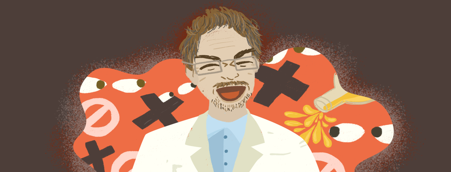 A maniacal doctor laughs at his own inappropriate jokes while eyes gaze at him.