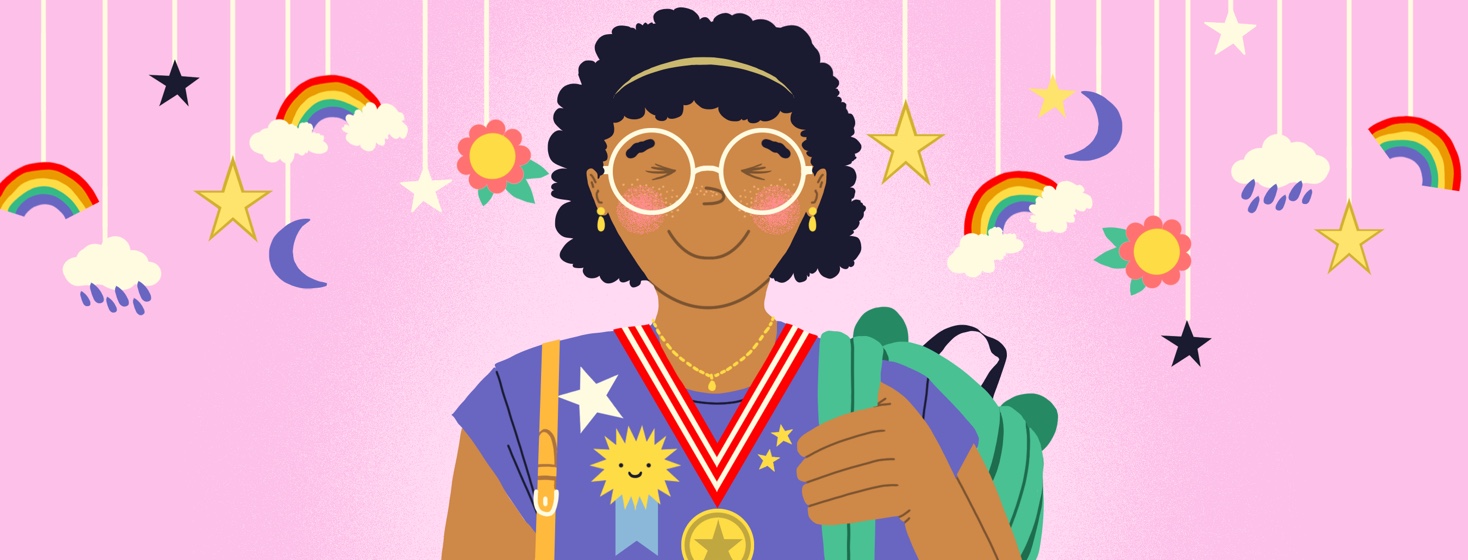 A happy and proud mom stands among a child's mobile featuring stars, clouds, and rainbows. She is holding a child's backpack on one shoulder and a purse on the other and on her shirt are ribbons and pins and gold stars. Around her neck is a medal.