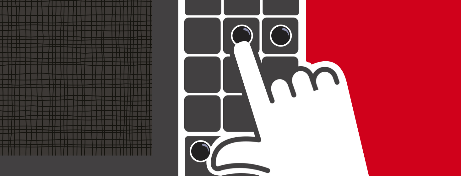 A hand is skimming over flat microwave buttons and stopping at the ones with clear raised dots.