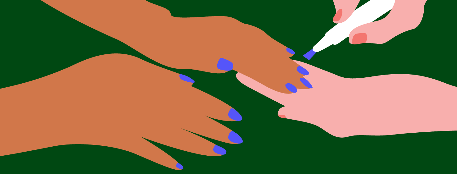 A person getting a manicure and the color of the nails changes coloring in a moving image.