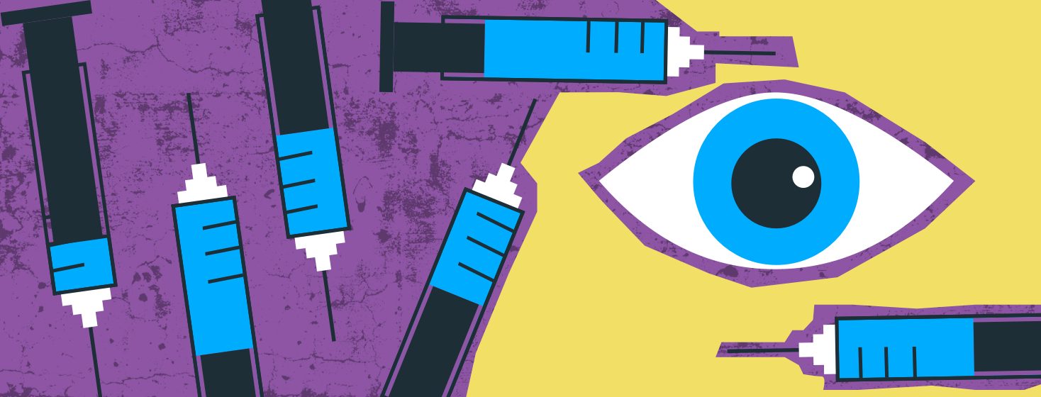 A bright background separated by dark and light colors with injection needles surrounding a clear blue eye.