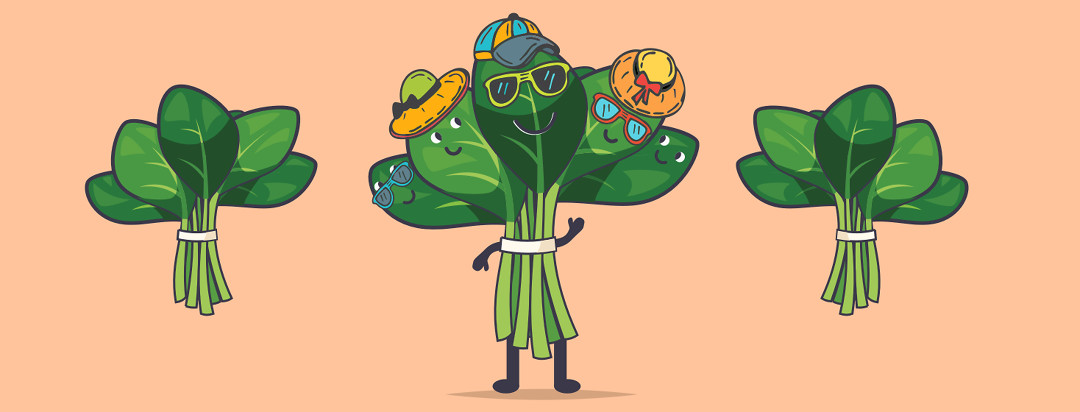 A cartoon bunch of spinach walking with sunglasses and a hat on.