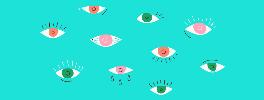 A plain blue background with a series of different illustrated eyes on top of it. Each eye is slightly different to signify different types of conditions.