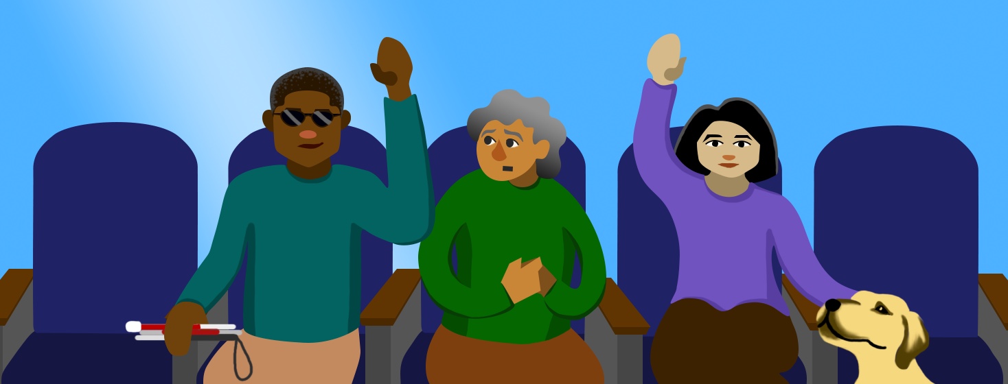 Three people sit in a row of seats. The person in the middle wrings their hands and looks with hesitation at the two others, who have raised hands and obvious signs of blindness. One holds a folded cane and the other rests a hand on a guide dog.