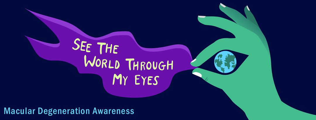 A hand pinches purple fabric while the negative space between the fingers form an eyeball with the world reflected inside. The letters on the fabric spell out, "See the world through my eyes".