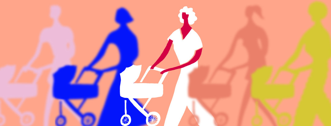 A mother pushing a stroller buggy while the other women surrounding her are out of focus or blurry.
