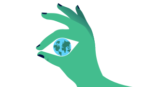 A hand pinches a thumb and index finger together  while the negative space between the fingers form an eyeball with the world reflected inside. 