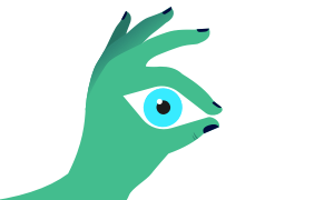A hand pinches a thumb and index finger together  while the negative space between the fingers form an eyeball.