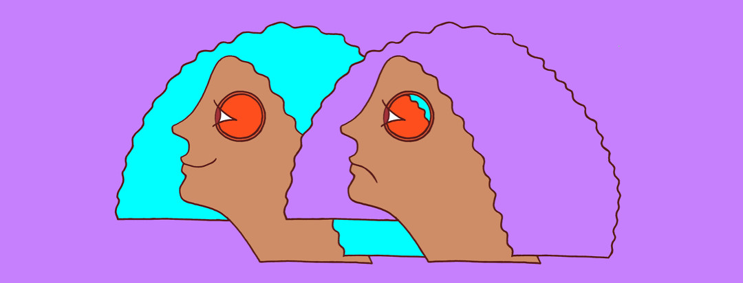 An image of a person beside themself. One side shows a smiling face and the complete inside of the eye. The other side shows a sad face with the inside of the eye peeling off.