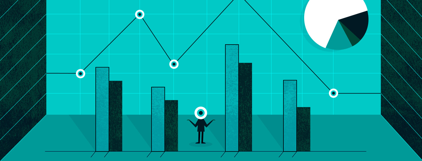 A small person with an eyeball for a head, standing surrounded by data shown by bar graphs, line graphs, and a pie chart.