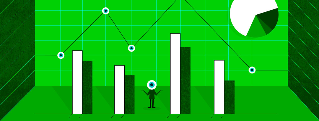 A small person with an eyeball for a head, standing surrounded by data shown by bar graphs, line graphs, and a pie chart.