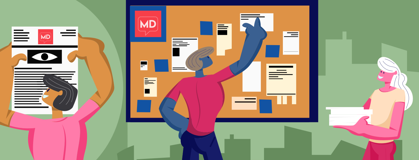 A comparison of one person reading a newspaper on the left and a community of people standing on the right looking at a bulletin board.