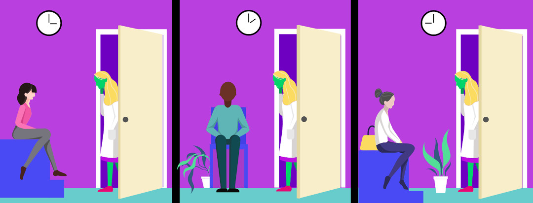Three panels showing three different patients all being seen by the same green doctor.