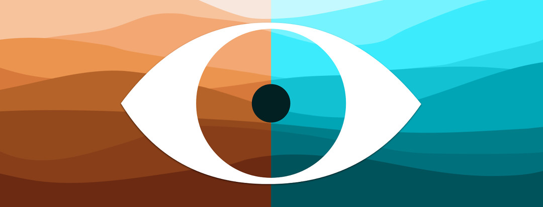 side-by-side illustration of a desert on the left that transitions to an ocean of waves on the right. The cutout of an eye straddles the line between both.