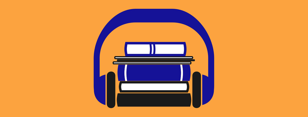 A pile of books and periodicals being held together with a set of headphones.