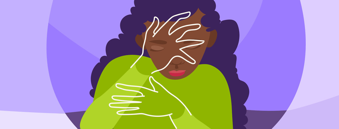 A woman in a green shirt on a purple background. She uses her hand to hide her face, but they are outlines so you can see her eyes are closed underneath.