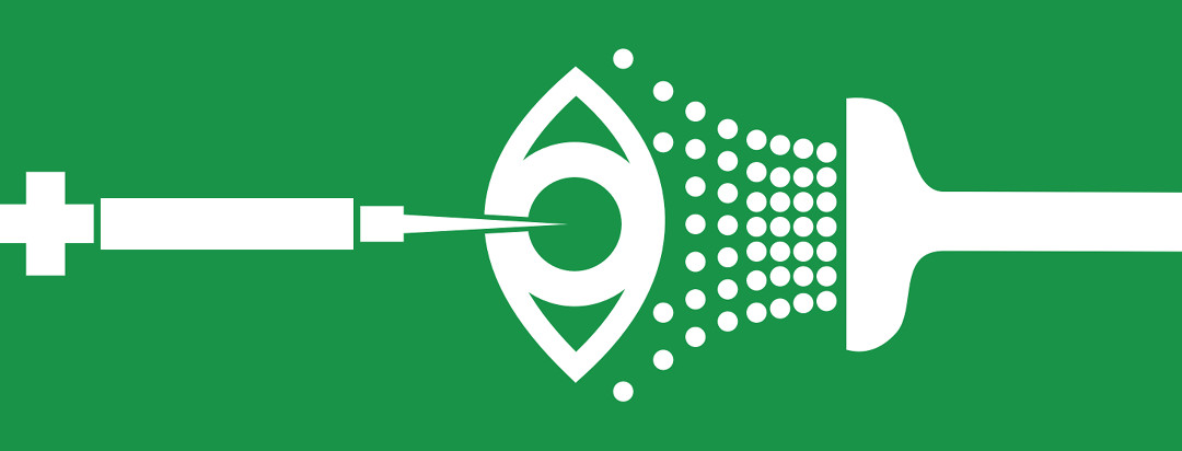 A bright green background with the white icon for an eye wash station and a needle piercing the middle of the eye.