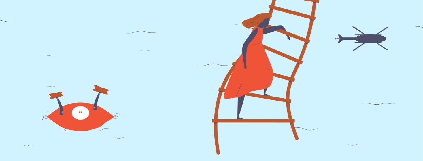 A woman on a helicopter rope ladder escaping an eye shaped island