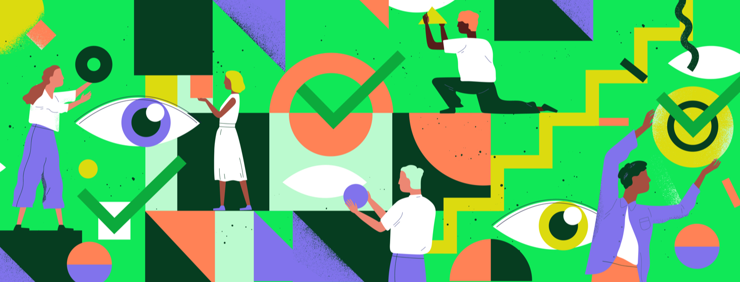 A variety of people completing tasks of putting large eyeballs together in an abstract pattern.