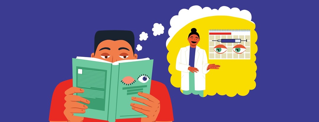 A man reads a book with eyes on the cover. A thought bubble from his brain shows him thinking about his eye doctor taking about monthly eye injections.