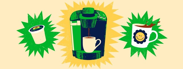 A Keurig coffee maker is framed by a k-cup and a mug of coffee, all emphasized by color bursts.