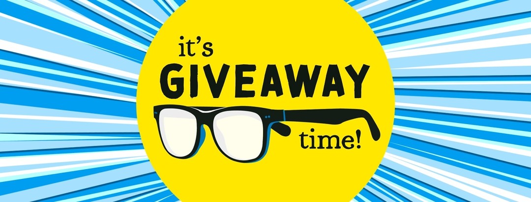 A pair of blue light glasses are in the middle of a solid yellow circle which is blocking rays of blue light. The text reads "It's giveaway time! Enter to win!"