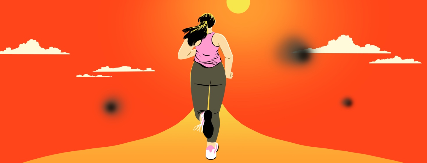 A woman is running along a path heading toward the sun. Black blurry spots indicate blind spots.
