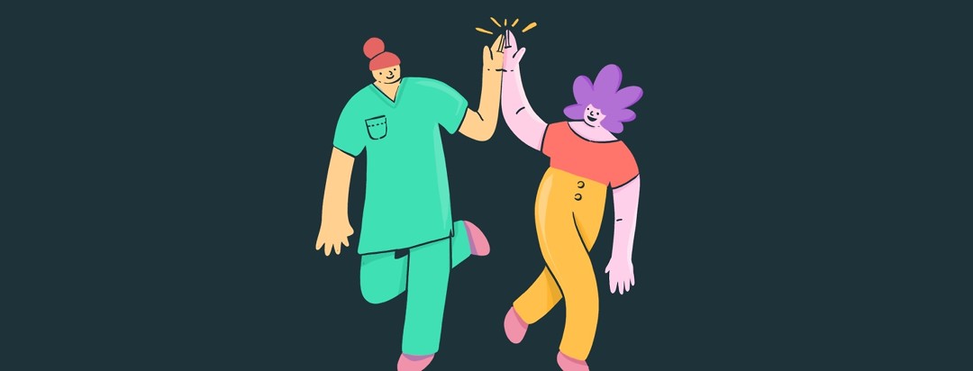 A doctor or nurse and a patient high-five each other.