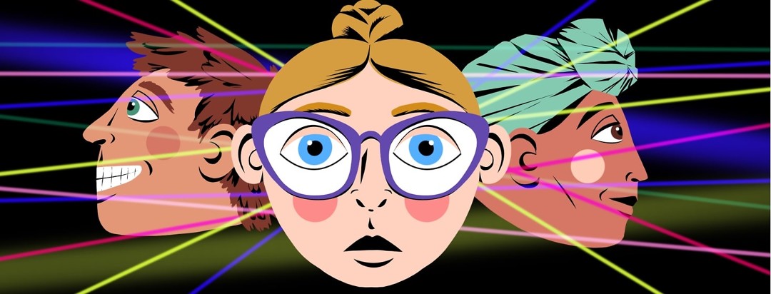 A woman with very large eyes stands out from the background, where two other smiling people in profile have lasers passing over them.