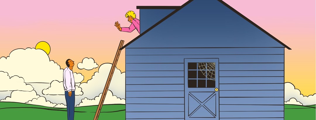 A man cannot enter a house at the ground level but looks up at an open attic window where another person is leaning out, smiling and waving at him. There is a ladder propped on the side of the house that leads to the attic window.