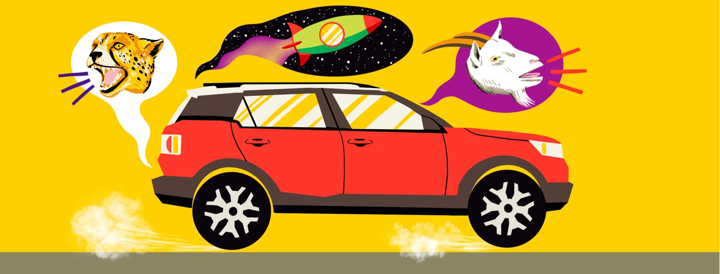 A car rumbles down a road with three speech bubbles emitting from it: one with a cheetah roaring, another with a spaceship taking off in space, and another with a goat bleating.