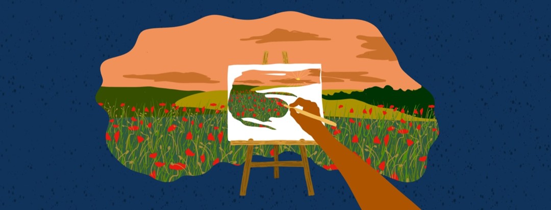 Arm of person painting on a canvas on an easel with a poppy filled landscape scene in the background