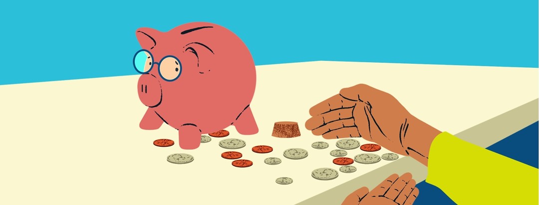 A piggy bank wearing glasses and a concerned expression is emptied and watches as hands scoop up the remaining coins.