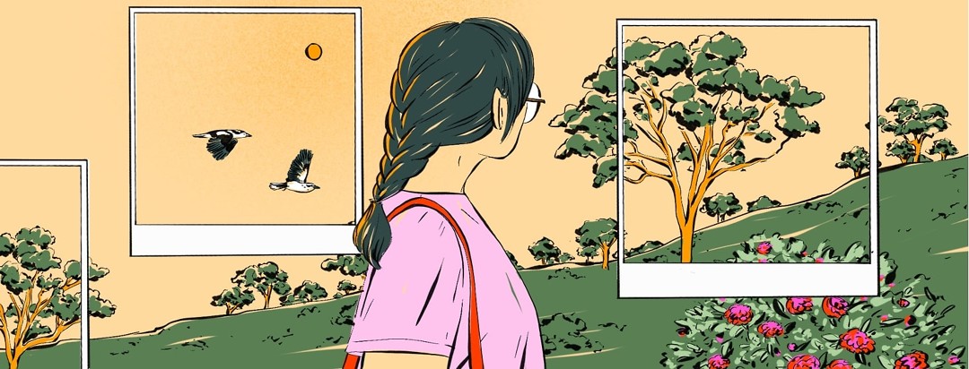 A woman looks over her shoulder at the nature in her surroundings - trees, flowers, birds, sun. Sections of the scene are captured like Polaroid pictures.