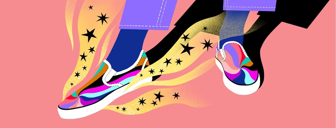 A person wears colorful slip-on shoes that emit stars and magical sparkles.