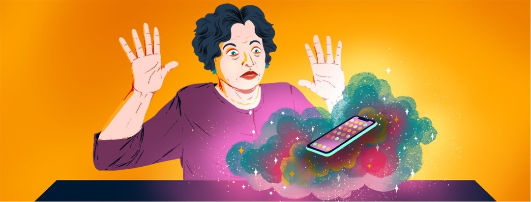 A woman looking bewildered holds her hands up and backs away from a cell phone that is floating in a magical, colorful cloud.