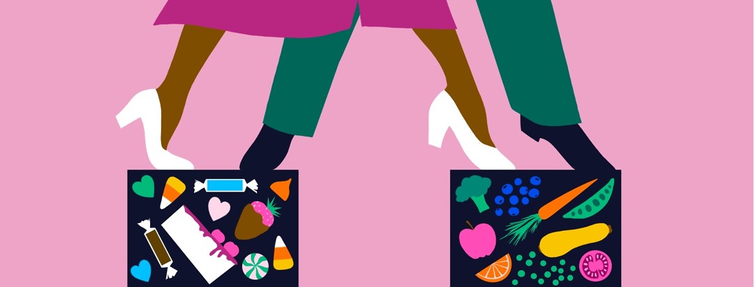 A close-up of two people dancing together, each with one foot on a different column. One column is full of candy and sweet, rich foods, and the other is full of fresh fruits and veggies.