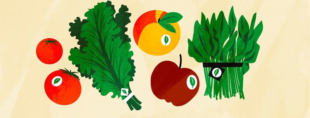 A variety of fresh produce with organic stickers.