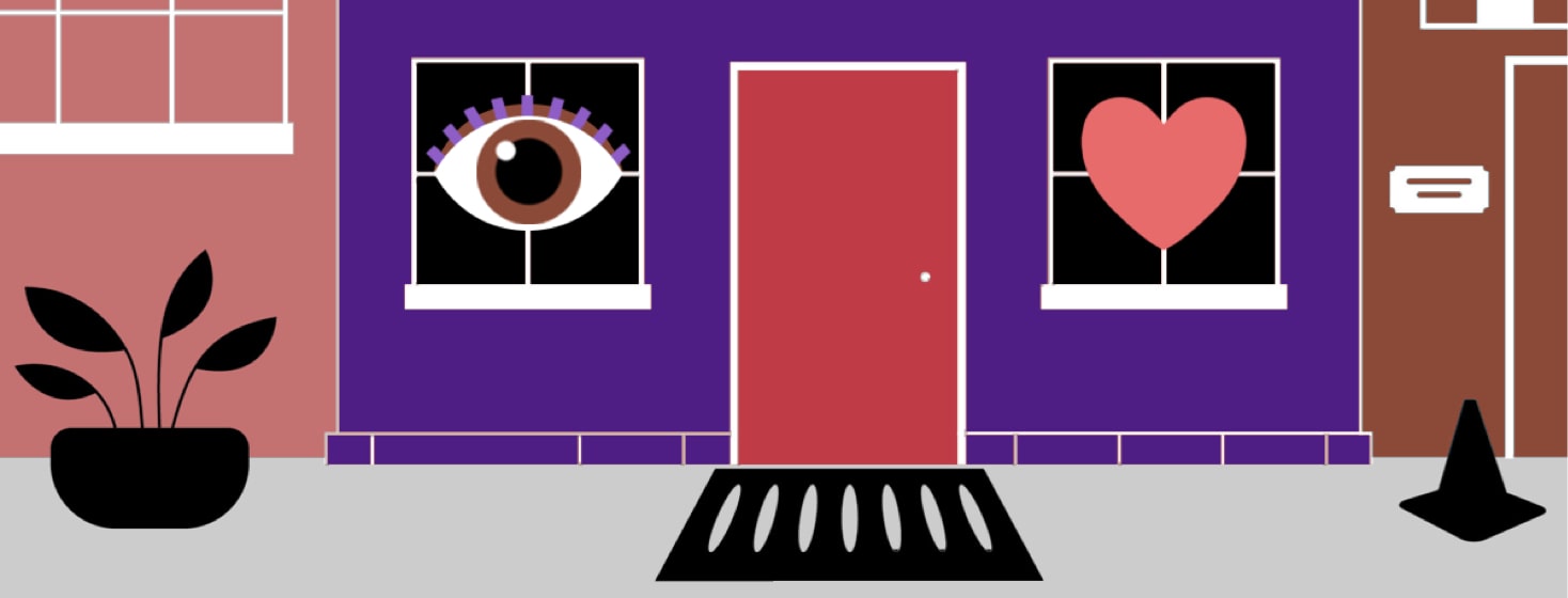 alt=a rowhome with an eye and a heart in its windows