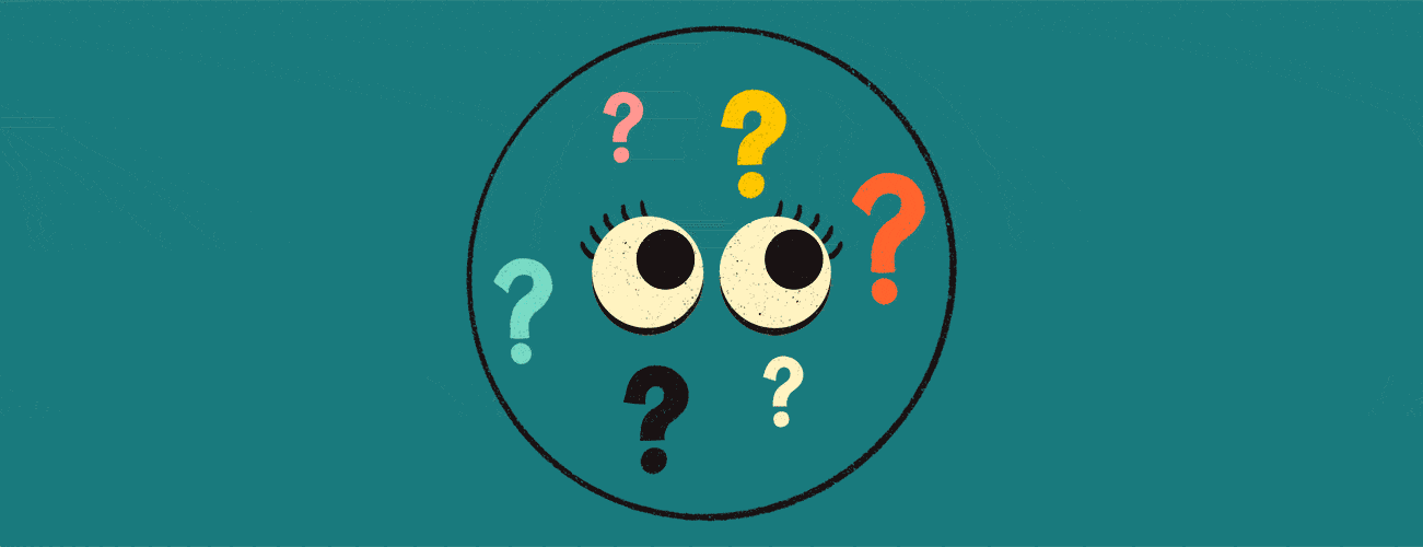 A pair of blinking eyes are in the middle of a circle, which contains question marks that are wiggling around.