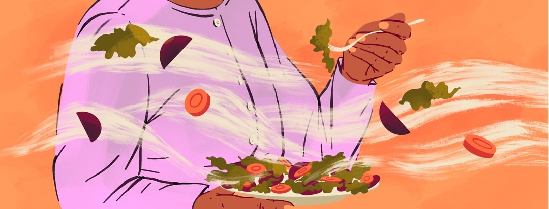 A person is eating a salad while bits of lettuce, beet, and carrot fly around.