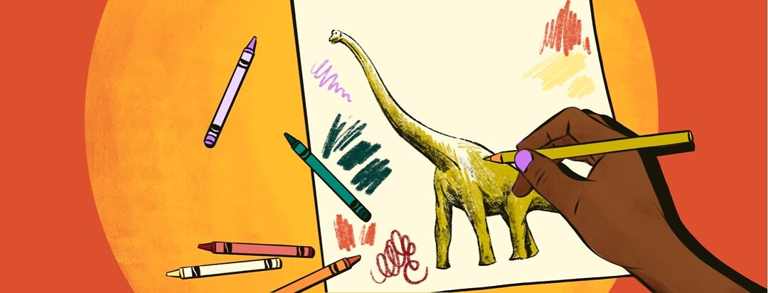 A hand draws a dinosaur on a piece of paper. Around it are crayons and crayon scribble marks on the page.