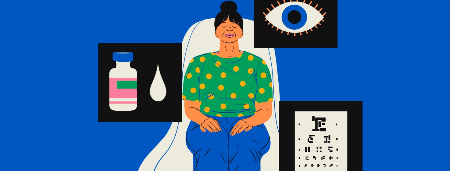 A woman relaxes with her eyes closed, sitting back in a doctor's chair. Around her are floating images of an eye exam chart, a vial with a drop of liquid, and an eye.